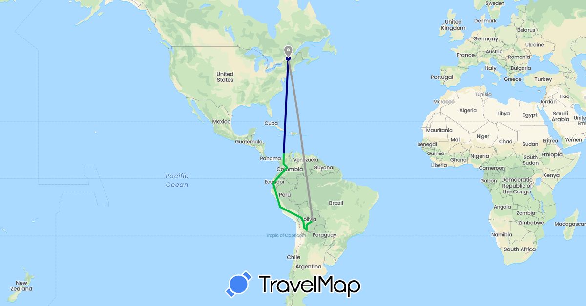 TravelMap itinerary: driving, bus, plane in Bolivia, Canada, Colombia, Ecuador, Peru (North America, South America)